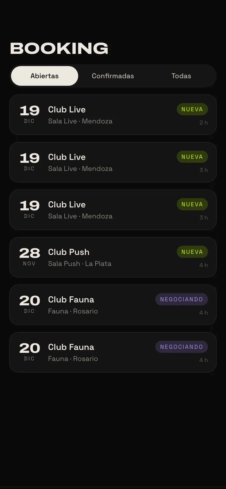 App: bandeja de propuestas de booking con fechas y estados