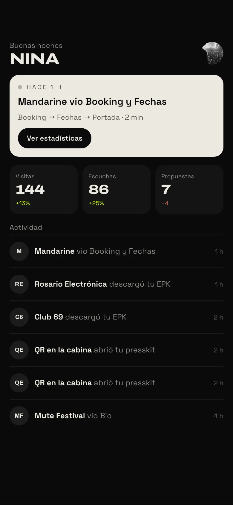 App de Kabina en el celular: inicio con visitas y propuestas