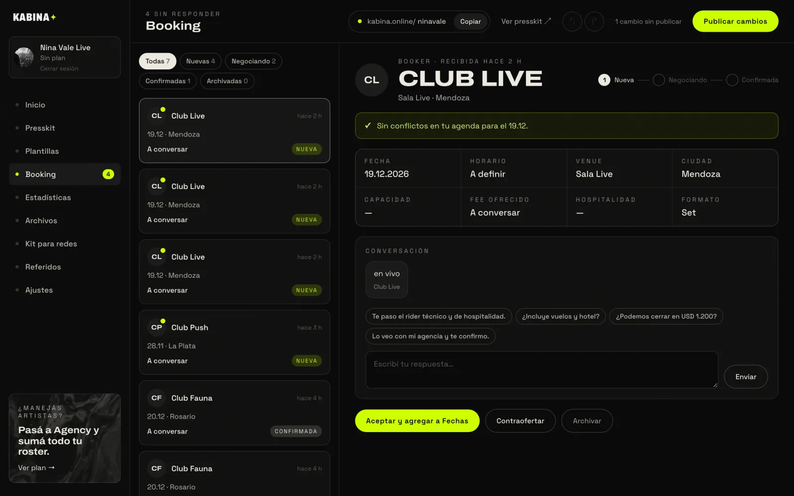 Bandeja de propuestas de booking con estados y fechas