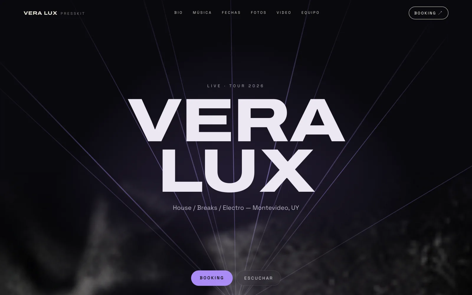 Presskit Láser de Vera Lux, con haces de láser violeta sobre negro
